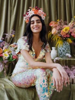 Wolf & Moon Meadow Headpiece In Pink/Orange -Wolf & Moon meadow headpiece orange pink model 5