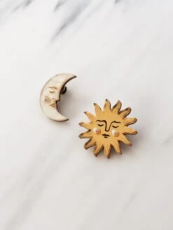 Wolf & Moon Sun & Moon Brooch Set -Wolf & Moon sun and moon brooches side